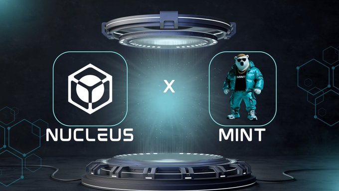 A digital graphic showing a collaboration between 'NUCLEUS' and 'MINT' featuring a polar bear character, separated by an 'X' under a futuristic teleporter device.