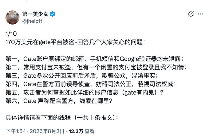 A Chinese social media post by '第一美少女 (@jheioff)' discussing a $1.7 million theft on the Gate platform, outlining six points about the security breach and dated August 2, 2026.