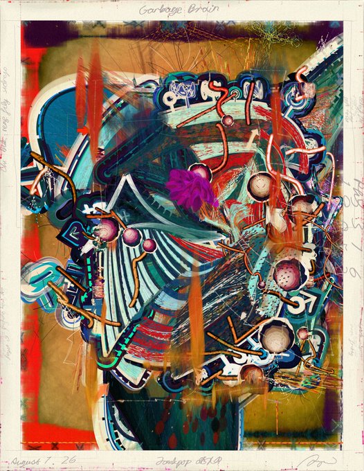 Abstract mixed-media artwork with chaotic, colorful graffiti-style elements, signed 'Jenspot 8919' at the bottom and titled 'Garbage Brain' at the top.