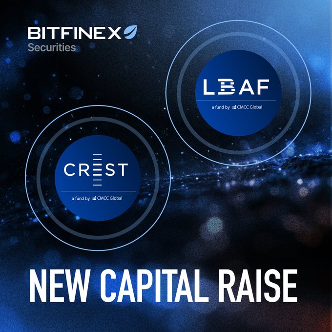 Bitfinex Securities promotional graphic announcing a "NEW CAPITAL RAISE" with logos for their funds LEAF and CREST, both by CMCC Global.