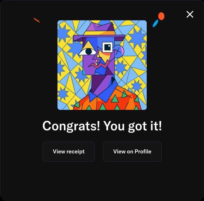A pop-up window displays a colorful cubist-style portrait NFT with the text 'Congrats! You got it!' alongside buttons to 'View receipt' and 'View on Profile'.