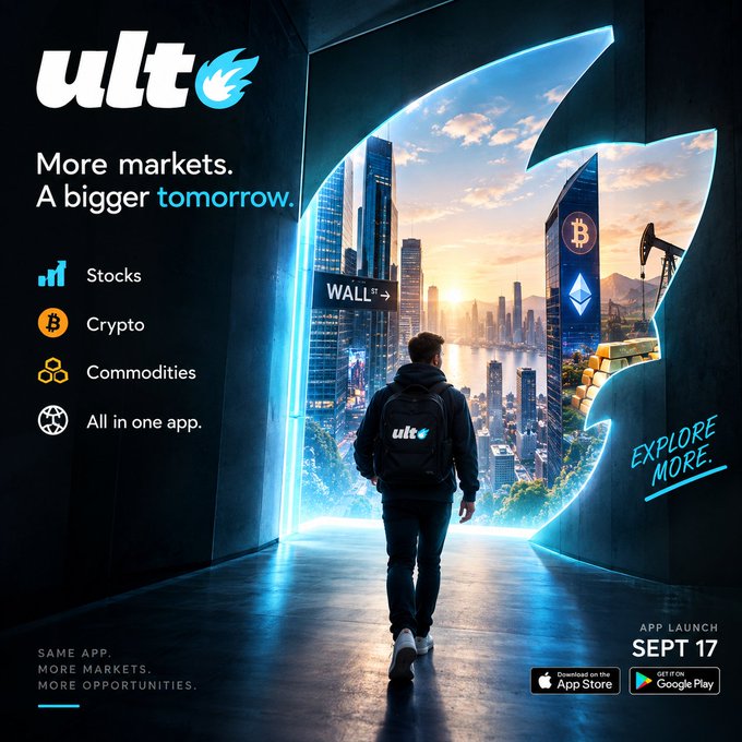 A promotional advertisement for the 'ult' trading app features a man with a backpack walking through a glowing portal toward a futuristic cityscape, with text reading 'More markets. A bigger tomorrow.' and listing Stocks, Crypto, Commodities, and 'All in one app.' for launch on Sept 17.
