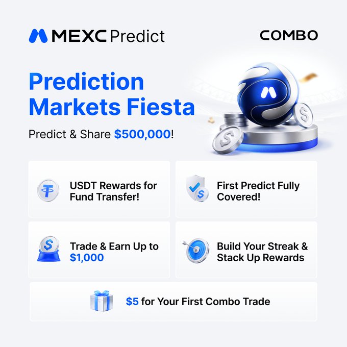 The image features a poster for a football fiesta, with a blue ball at its center. The poster includes text promoting a prediction market called "Prediction Markets Fiesta", which offers rewards for making accurate predictions about sports events. The poster also highlights the benefits of joining the Prediction Markets Fiesta and encourages users to share their predictions on the app.