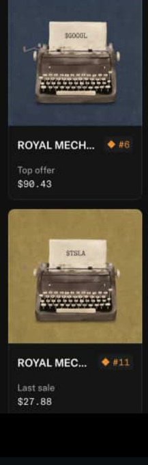 The image shows two Royal Mechanica NFT listings on OpenSea — #6 with a top offer of $90.43 and #11 with a last sale of $27.88 — serving as visual evidence in the post's warning against selling rare collections too cheaply before they gain traction.
