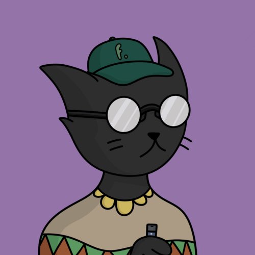 A cartoon illustration of a black cat wearing round glasses, a green baseball cap, and a yellow necklace against a purple background.