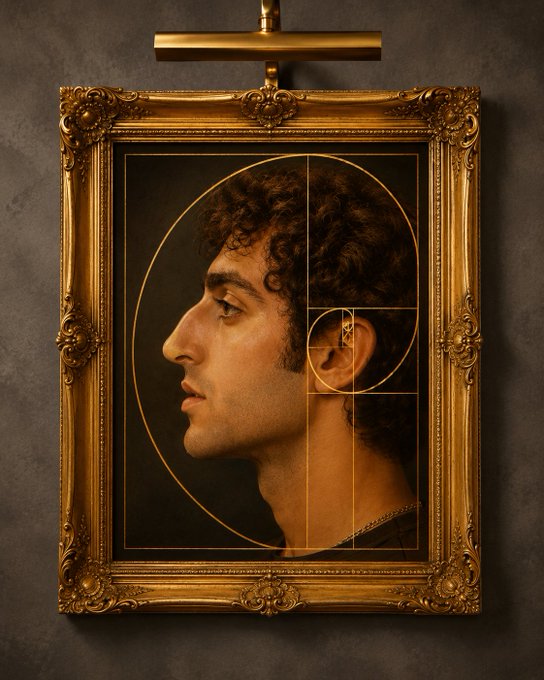 A classical-style oil painting in an ornate gold frame depicts a man's profile overlaid with the golden ratio Fibonacci spiral.