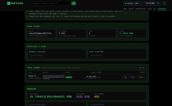 Retiium dashboard screenshot showing validator staking stats including 'Your stake', 'Activate a node', and 'Rewards' of 35.795623139512866201 RTM with 1031 PIE and 630 TOTAL REWARDS.