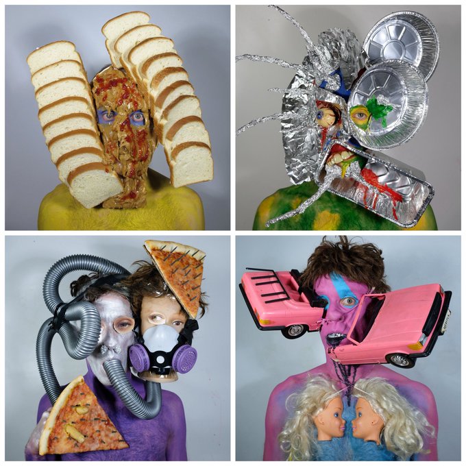 A collage of four surreal portrait photographs of people with bizarre headpieces made from everyday objects including bread, aluminum pie tins, gas mask tubing, pizza slices, and a pink toy car.