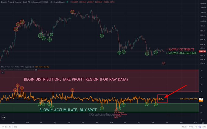 The image shows a Bitcoin price chart paired with the Short Term Holder SOPR indicator, highlighting the critical 1.00 threshold marked with annotation arrows emphasizing the "Begin Distribution, Take Profit Region" and "Slowly Accumulate, Buy Spot" zones. The chart visually demonstrates how STH-SOPR is currently failing to break above 1.00, confirming that short-term holders (BTC held less than 6 months) are still realizing losses rather than profits, which aligns with the post's analysis of unrealized losses among recent buyers.