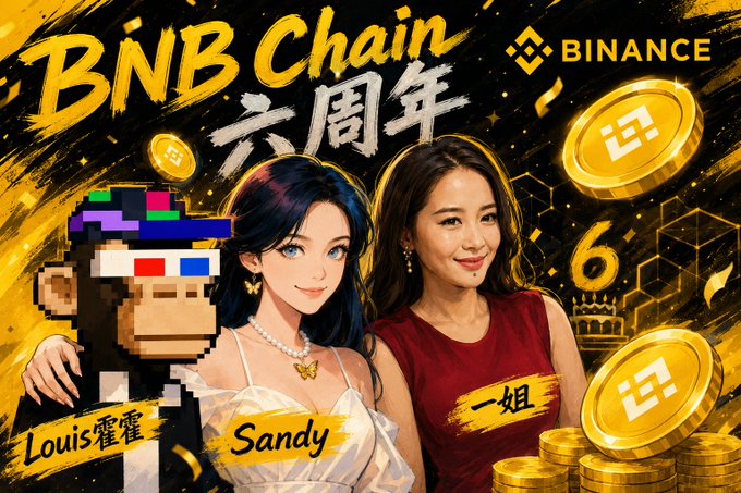 A promotional graphic for 'BNB Chain 六周年' (6th Anniversary) by Binance, featuring cartoon and realistic images of two women labeled 'Louis霍霍' and 'Sandy' (一姐), surrounded by floating gold BNB coins.
