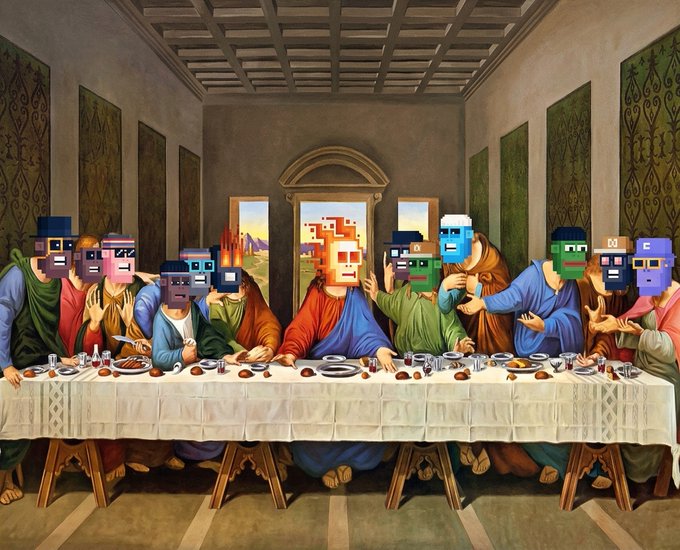 A parody of Leonardo da Vinci's 'The Last Supper' where the disciples have been replaced with pixel-art CryptoPunk characters.