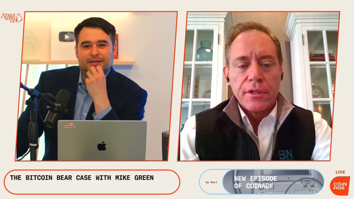 A split-screen podcast image showing two men from the show "Stake With Us" with the title "THE BITCOIN BEAR CASE WITH MIKE GREEN" and a "NEW EPISODE OF COINAGE" banner, representing a past interview where Mike Green predicted an MSTR selloff and Bitcoin collapse.