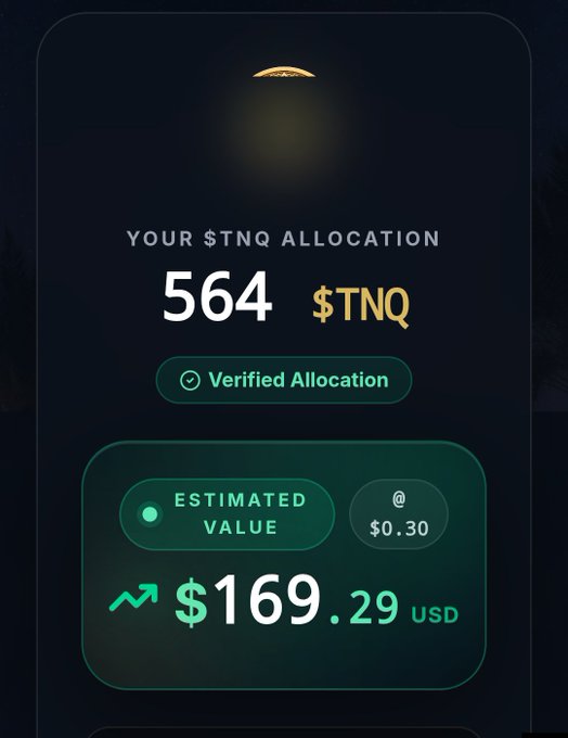 The image displays a verified $TNQ token allocation dashboard showing 564 $TNQ tokens with an estimated value of $169.29 USD at $0.30 per token, accompanied by hashtags referencing political themes ("The decision will now be on the streets" and "Istanbul toppled") that appear to be unrelated promotional tags added to a crypto allocation announcement for TANSIQ miners.
