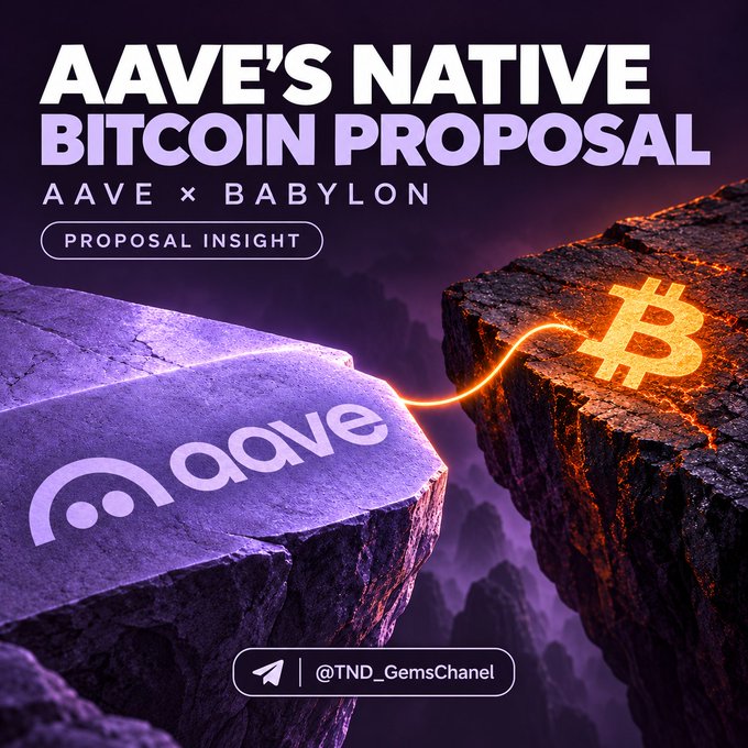 A dramatic digital artwork shows two rocky cliffs bridged by a glowing orange line, with the Aave logo on the left cliff and the Bitcoin symbol on the right, visually representing the proposed Aave x Babylon partnership. The headline reads "AAVE'S NATIVE BITCOIN PROPOSAL" with the subtitle "AAVE x BABYLON — PROPOSAL INSIGHT," and the channel credit "@TND_GemsChanel" appears at the bottom. The image symbolizes the post's theme of connecting Aave's lending protocol with native Bitcoin liquidity through Babylon's bridging technology.