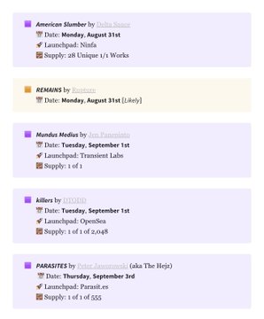 A screenshot of an NFT calendar showing upcoming drops including American Slumber (August 31st), REMAINS by Bauhaus, Murder Median, Killers, and PARASITES. The post highlights Killers as a notable upcoming launch, scheduled for Tuesday, September 1st with OpenSea launchpad and a supply of 1 of 1 of 2,048.