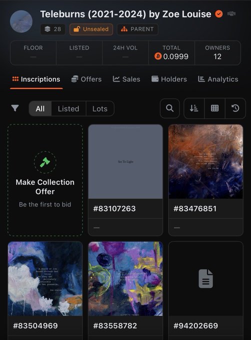 A screenshot of an NFT marketplace page for the 'Teleburns (2021-2024)' collection by Zoe Louise, marked 'Unsealed' and 'PARENT,' showing 28 supply, 12 owners, and a total volume of 0.0999 ETH, with gallery inscriptions including #83107263 and #83476851.