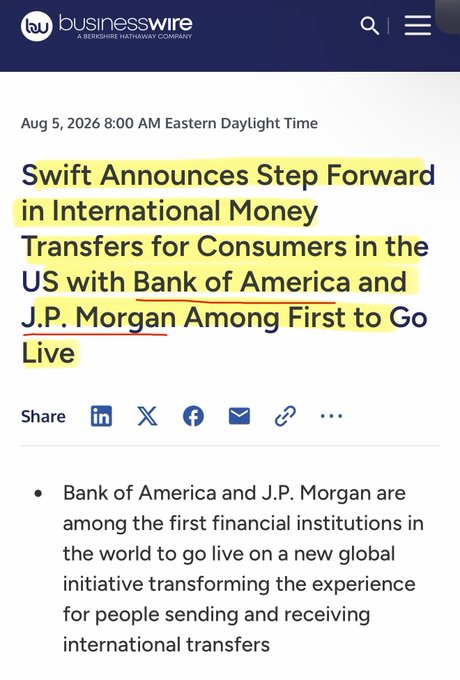 A Business Wire article dated August 5, 2026 highlights a Swift announcement that Bank of America and J.P. Morgan are among the first institutions to go live on a new global initiative for international money transfers, supporting the post's claim about Ripple partners BOA and JPM launching live SWIFT-based international transfer services.