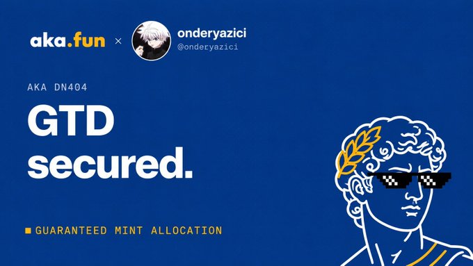 An aka.fun promotional graphic for @onderyazici1 announcing 'GTD secured' with a guaranteed mint allocation, featuring a stylized illustration of a figure with a laurel wreath and pixelated sunglasses.