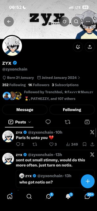 A screenshot of the X (formerly Twitter) profile for user @zyxonchain (ZYX), showing 1K Followers, 3 Subscriptions, and recent posts asking "who got notis on?" and commenting on Paris FC.