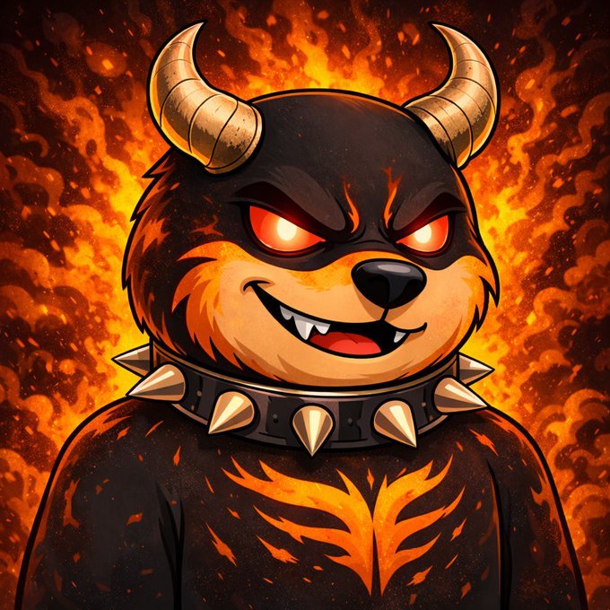 An illustration of a fierce, cartoon-style bear-like creature with glowing red eyes, curved horns, and a spiked collar, set against a fiery orange and black inferno background—symbolizing the explosive bullish energy suggested by the "$MANYU is getting ready to explode #ManyuArmy" post.
