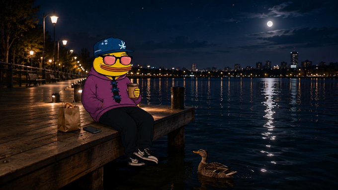 Digital artwork of a yellow Pepe-style character wearing a blue cap, pink sunglasses, and purple hoodie sitting on a pier at night holding coffee, with a duck in the water below.