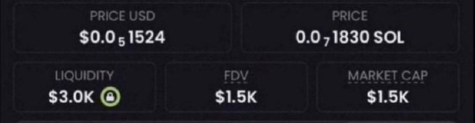 A dark-themed crypto dashboard panel displaying financial metrics: "PRICE USD $0.0₅1524", "PRICE 0.0₇1₃₀ SOL", "LIQUIDITY $3.0k", "FDV $1.5K", and "MARKET CAP $1.5K".