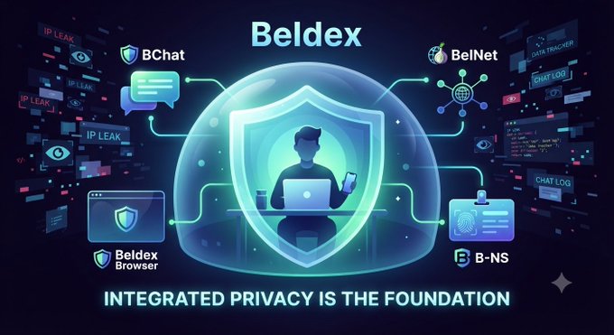 A promotional graphic for Beldex showcasing its privacy ecosystem with the tagline 'INTEGRATED PRIVACY IS THE FOUNDATION' and icons for BChat, BelNet, Beldex Browser, and B-NS.