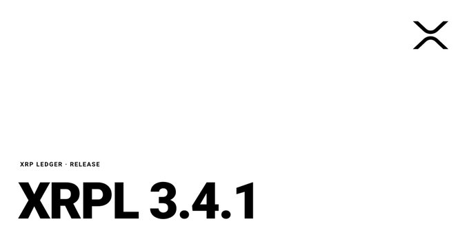 A minimalist graphic featuring the XRP Ledger logo in the upper right corner with the text "XRP LEDGER · RELEASE" above the bold headline "XRPL 3.4.1," announcing the latest version release of the XRP Ledger.