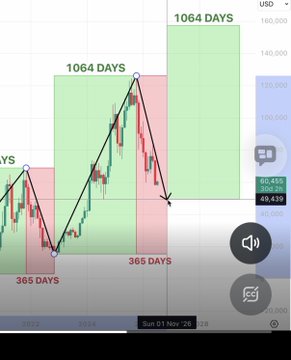 Candlestick chart showing a cyclical pattern labeled with '1064 DAYS' (green upward phases) and '365 DAYS' (red downward phases), with USD price axis on the right.