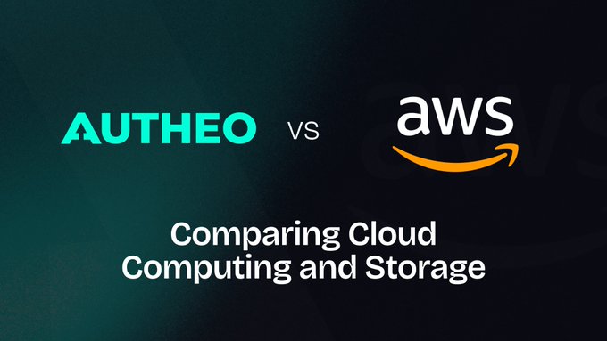 A comparison graphic showing 'AUTHEO vs aws' with the subtitle 'Comparing Cloud Computing and Storage' on a dark gradient background.