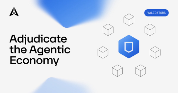 A webpage banner with the heading 'Adjudicate the Agentic Economy,' displaying a grid of cubes around a central blue shield icon, alongside a 'Validators' badge in the top right corner.