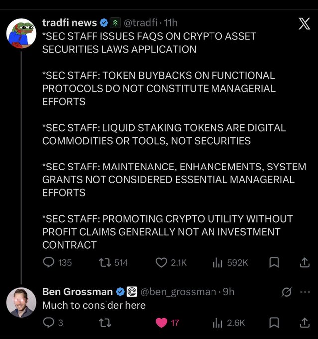 A screenshot of an X (Twitter) post from @tradfi_news summarizing SEC Staff guidance clarifying that token buybacks, liquid staking tokens, and protocol maintenance do not constitute securities under U.S. law, followed by a reply from @ben_grossman saying "Much to consider here." The image supports the accompanying post by showing the SEC's recent clarifying guidance on crypto asset securities—relevant context for the speculation about $ONDO potentially activating a fee switch under clearer regulatory rules.