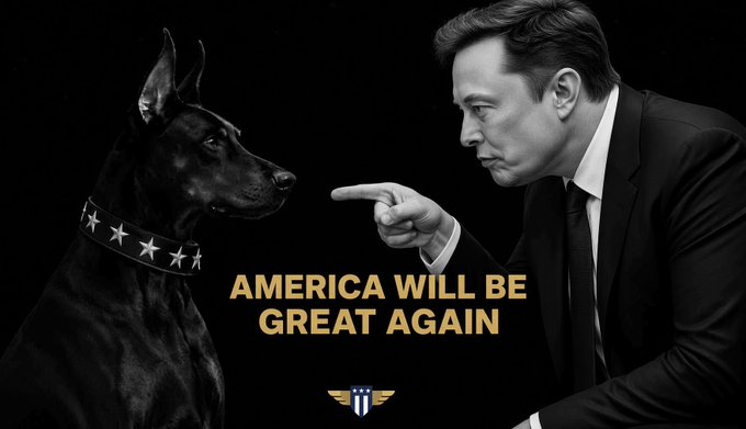 A black-and-white political-style poster showing a figure resembling Elon Musk pointing at a Doberman wearing a stars-spangled collar, with the gold text "AMERICA WILL BE GREAT AGAIN" and a winged logo.