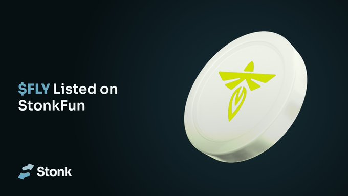 The image is a promotional graphic with a dark background featuring a white coin displaying a green stylized insect/firefly logo, accompanied by the text "$FLY Listed on StonkFun" and the Stonk platform logo in the bottom left. The graphic visually announces the listing of tokenized Firefly Aerospace ($FLY) stock on the StonkFun platform, tying directly to the rocket-launching Firefly Aerospace company mentioned in the post.