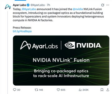 The image shows a Twitter post with a green background featuring the logos of Ayar Labs and Nvidia. The post announces that Ayar Labs has joined forces with Nvidia to bring co-packaged optical fiber technology, specifically the fusion of two laser sources into one single source. This collaboration aims to provide a more efficient and cost-effective solution for the optical fiber industry by combining the expertise of both companies in their respective fields - Ayar Labs specializes in software development and data analysis, while Nvidia is known for its cutting-edge hardware technology. The post also mentions that this partnership will be released on April 30th.