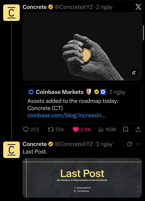 A screenshot of an X (Twitter) post by 'Concrete @ConcreteXYZ' showing an image of a metallic hand holding a gold coin, quoting a Coinbase Markets post about adding Concrete (CT) to their roadmap, with 2.9K likes and 159K views.