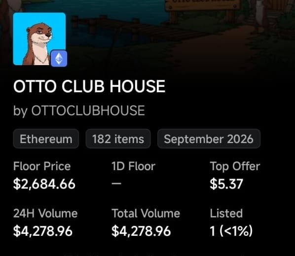 The image shows an NFT collection page for "OTTO CLUB HOUSE" by OTTOCLUBHOUSE on the Ethereum blockchain, featuring 182 items from September 2026 with a floor price of $2,684.66, total volume of $4,278.96, and a low listing rate of less than 1%. The accompanying "NFThieves" caption suggests the collection may be associated with or derived from the Otto Club House NFT project, which has become notable in discussions about NFT theft or unauthorized use of branded content.