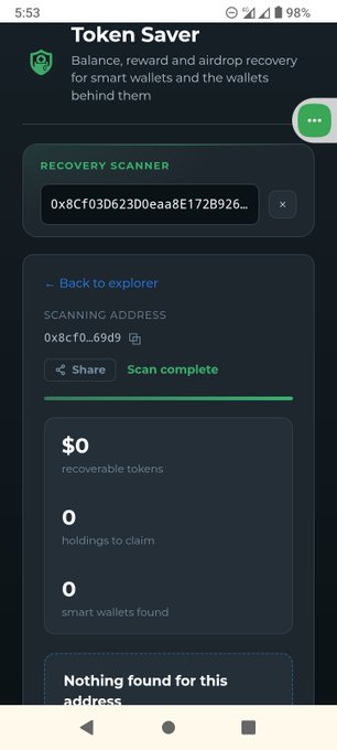 A mobile screenshot of an app called 'Token Saver' displays a completed scan for the address '0x8Cf03D623D0eaa8E172B926...', showing '$0' in recoverable tokens and 'Nothing found for this address'.