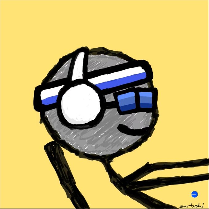 A cartoon drawing on a yellow background depicting a gray round character wearing blue and white striped sunglasses, drawn in a sketchy MS Paint style and signed 'zartoshi.'