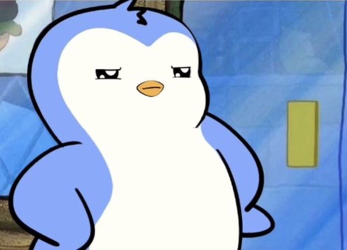 A cartoon penguin character with a blue hood, white belly, and a somewhat annoyed or unimpressed expression stands in front of a blue background with a yellow rectangle.
