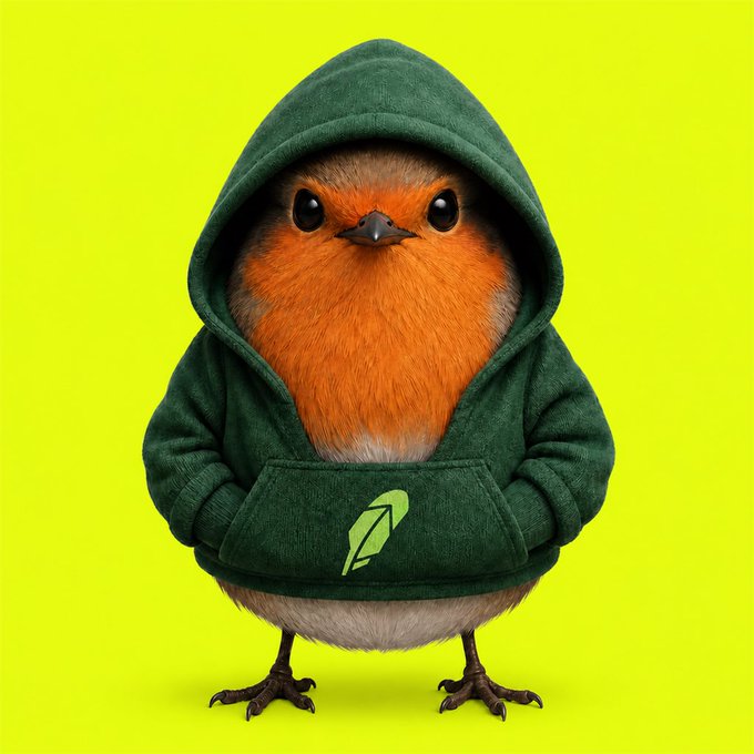 A cute robin wearing a dark green hoodie with a leaf logo stands against a bright yellow background, matching the post's playful "ROBERT - Rob in Hood" branding for the $ROBERT token.
