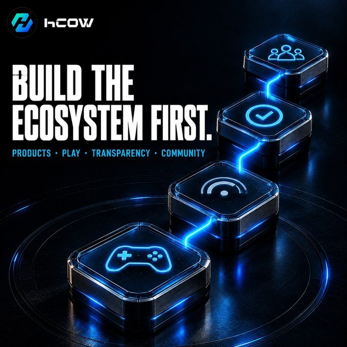 A promotional graphic for 'hCOW' displays the text 'BUILD THE ECOSYSTEM FIRST' with the pillars 'PRODUCTS • PLAY • TRANSPARENCY • COMMUNITY' above glowing blue pathway tiles featuring gaming and connectivity icons.