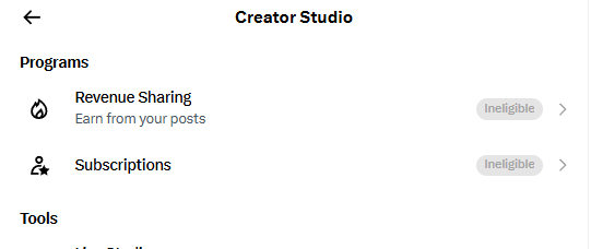 A Creator Studio interface showing both 'Revenue Sharing' (Earn from your posts) and 'Subscriptions' programs marked as 'Ineligible' in gray badges.