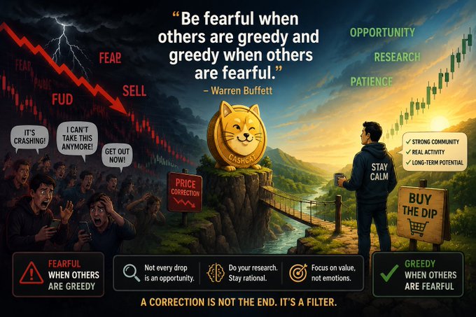 A motivational crypto investing graphic featuring the Warren Buffett quote 'Be fearful when others are greedy and greedy when others are fearful,' depicting a 'CAXCAT' cat coin figure on a cliff with fearful sellers on the left and a calm buyer on the right, captioned 'A CORRECTION IS NOT THE END. IT'S A FILTER.'