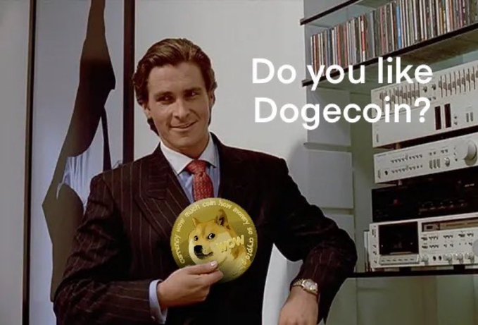 A man in a pinstripe suit holds a Dogecoin coin with the text 'Do you like Dogecoin?' displayed above him.