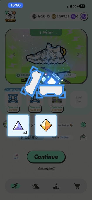 Mobile game screenshot at 10:50 showing a sneaker item for 'Walker' Lv 29, with '0/2' boxes and a 'Continue' button.