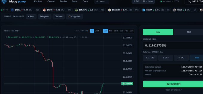 A Trippy Pump cryptocurrency trading interface showing a price chart for INJ/MOTION with a buy option for 189.947072 MOTION.