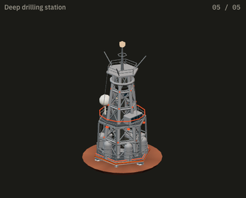 A screenshot from a game or application showing a 3D model of a "Deep drilling station" labeled "05 / 05" against a black background.