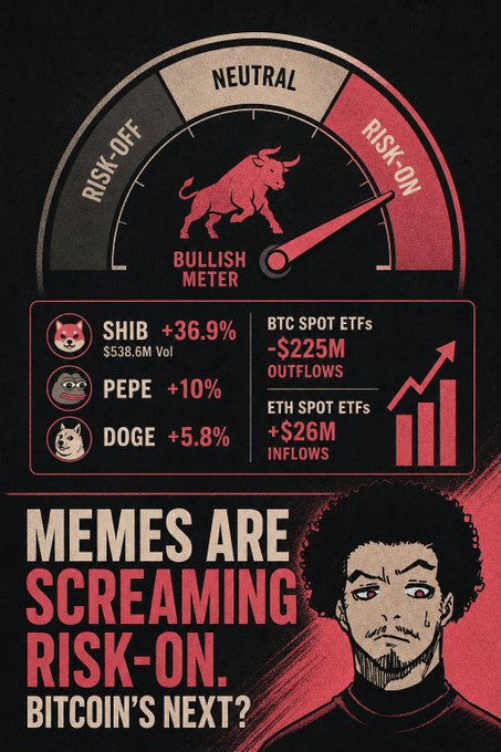 The image is an infographic titled "Bullish Meter" featuring a risk-on/neutral/risk-off gauge with the needle pointing toward "Risk-On," alongside meme coin performance data (SHIB +36.9%, PEPE +10%, DOGE +5.8%) and ETF flow figures showing $225M BTC outflows and $26M ETH inflows. The caption "Memes Are Screaming Risk-On. Bitcoin's Next?" is overlaid next to a stylized character illustration, visually reinforcing the post's argument that meme coin surges amid BTC ETF outflows signal a rotation rather than distribution.