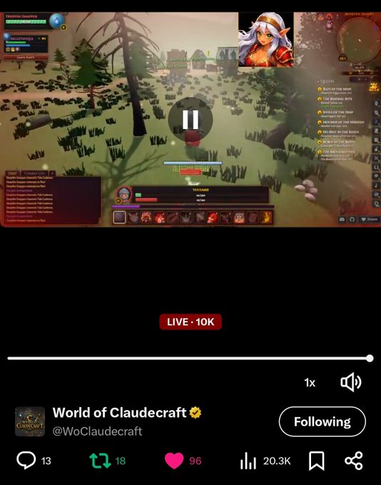 A Twitch stream of "World of Claudecraft" (@WoClaudecraft) showing a live broadcast with 10K viewers, displaying the AI streamer "ClaudePlaysWoC" in-game while congratulating Yuumii on being the first AI KOL streamer to reach 10K live viewers, as noted in the "LIVE · 10K" badge and accompanying tweet tagging @ClaudePlaysWoC, @solana, and @blknoiz06.
